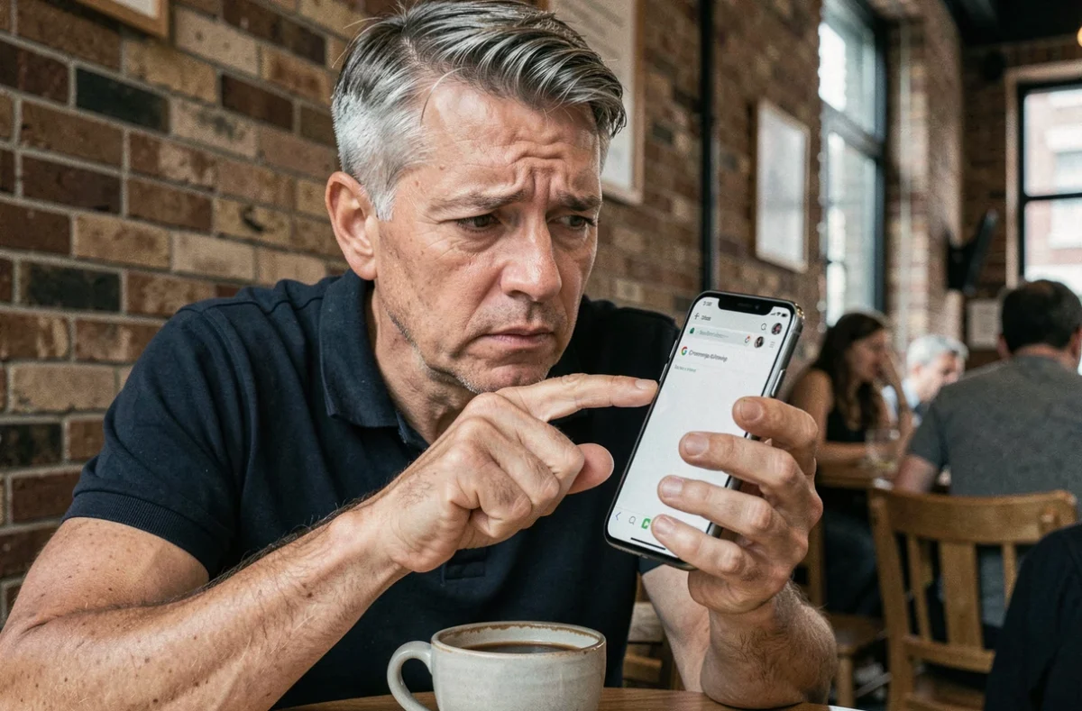 Homme cherchant le bouton actualiser Chrome sur un iPhone dans un café urbain