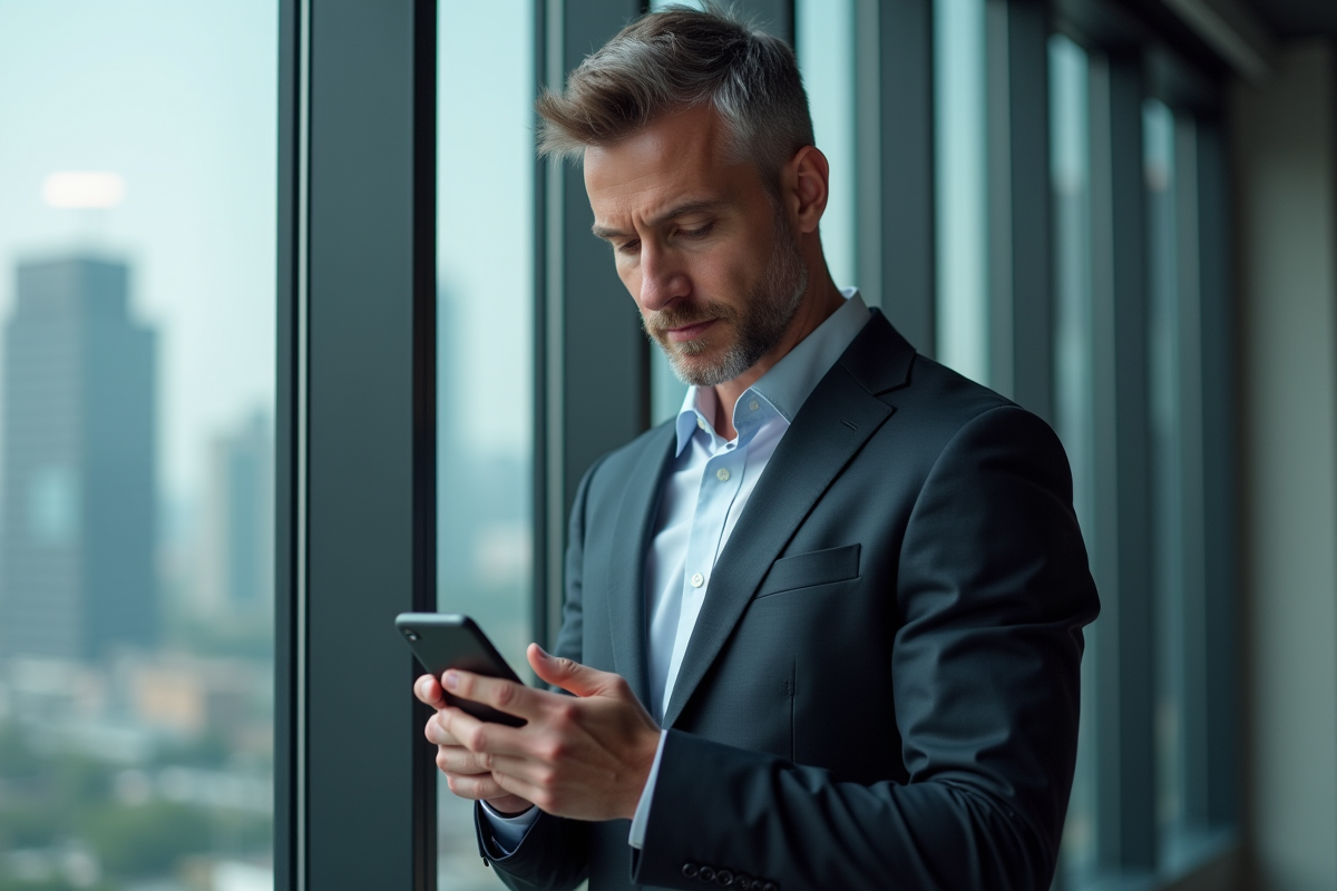 Homme d affaires regardant son smartphone dans un bureau urbain