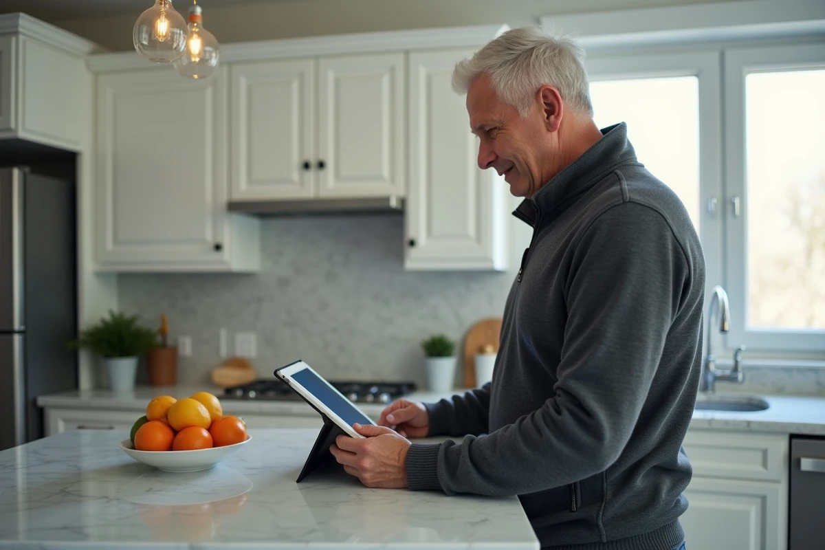 Homme configurant l'application mobile Orange Mail sur tablette dans la cuisine