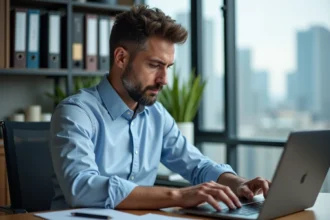 Homme d'âge moyen configurant logiciel sur ordinateur dans un bureau
