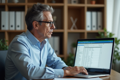 Homme d'âge moyen travaillant sur Excel et Access dans un bureau moderne