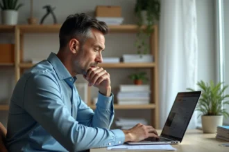 Homme d'âge moyen travaillant sur son ordinateur dans un bureau organisé