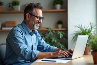 Homme d'âge moyen travaillant sur un ordinateur dans un bureau moderne
