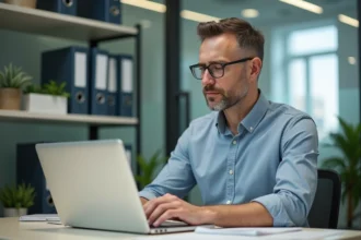 Homme d'âge moyen travaillant sur son ordinateur dans un bureau moderne
