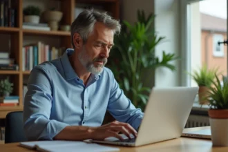 Homme d'âge moyen travaillant sur son ordinateur dans un bureau cosy