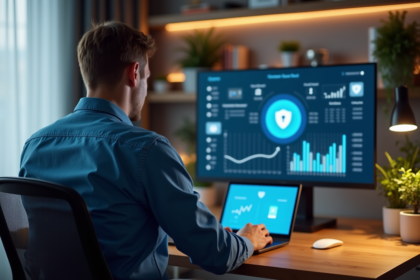 Homme au bureau vérifiant un tableau de bord de sécurité informatique