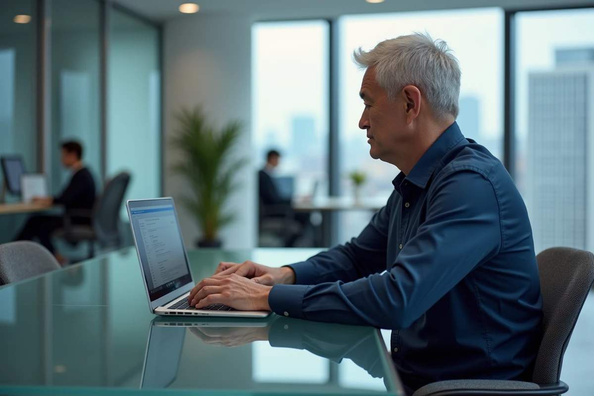 Homme configurant un compte mail Orange dans Microsoft Outlook au bureau