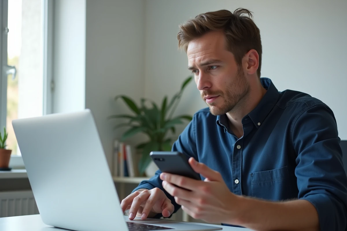 Homme dépannant les paramètres de localisation sur iPhone et MacBook dans un bureau à domicile moderne