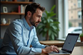 Homme consultant son ordinateur portable affichant une page d'erreur du service UHA e Service, assis dans un bureau à domicile