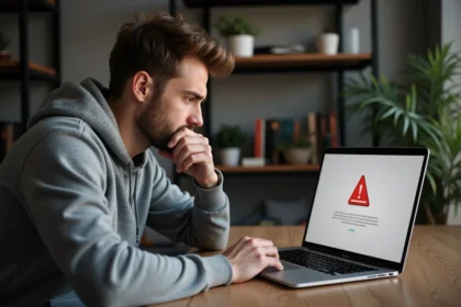 Jeune homme frustré devant un écran d'ordinateur affichant une erreur de connexion à un site web