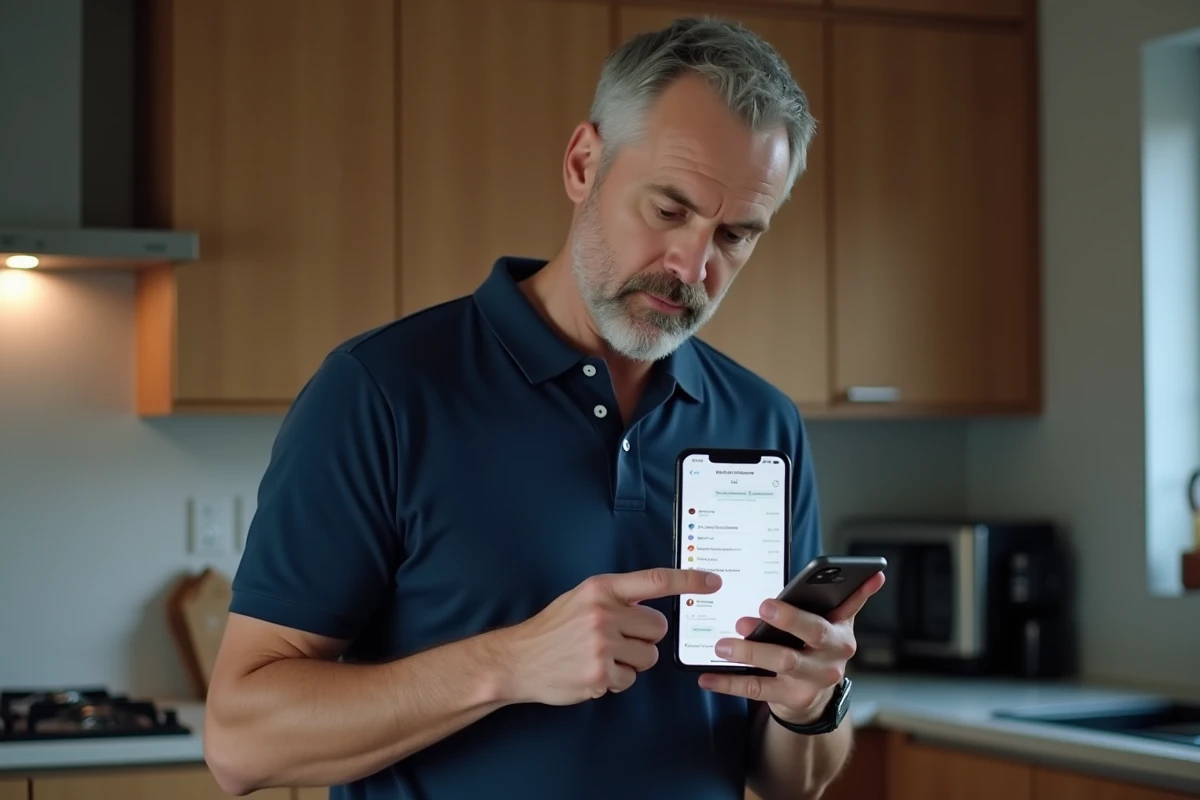 Homme gérant les paramètres d'historique Google sur son smartphone Android dans une cuisine moderne