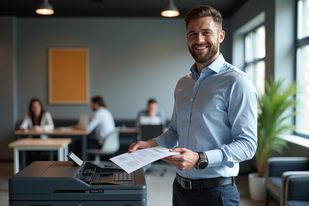 Jeune homme récupérant des documents imprimés au bureau