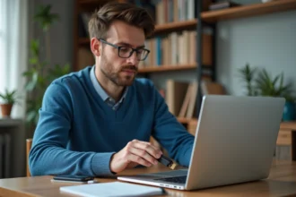 Homme en sweater bleu insérant une clé USB dans un ordinateur portable