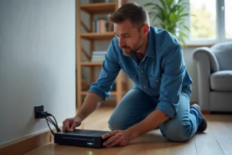 Homme en casual vérifiant câbles modem internet