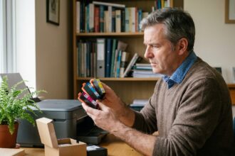 Homme comparant des cartouches d'encre dans un bureau