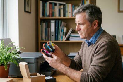 Homme comparant des cartouches d'encre dans un bureau