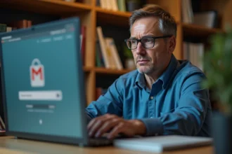 Homme d'âge moyen face à un ordinateur avec erreur email