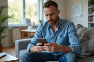 Homme en salon regardant son smartphone avec souci