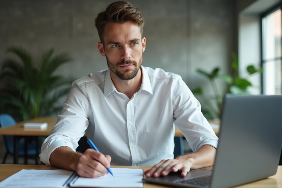 Jeune homme planifiant sa stratégie d'appel de bannissement Activision dans un espace de coworking avec laptop et notes