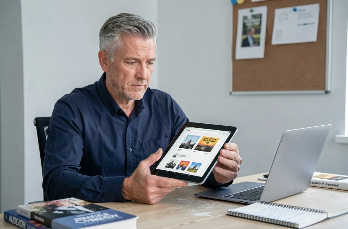 Homme téléchargeant un ebook au format Kindle sur une tablette dans son bureau à domicile