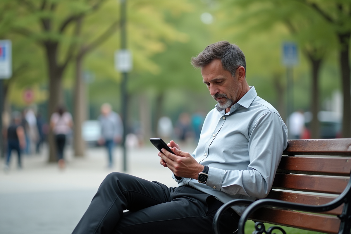 Homme transfere des donnees dans un parc urbain
