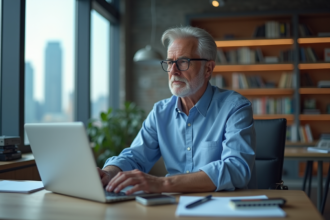 Homme d'âge moyen travaillant sur un ordinateur dans un bureau moderne