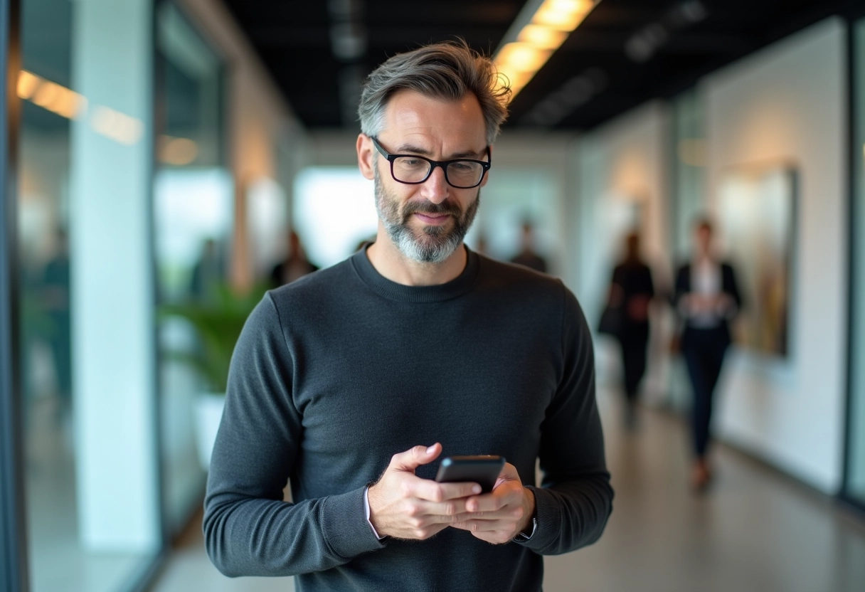 Homme utilisant une application vocale dans un couloir moderne