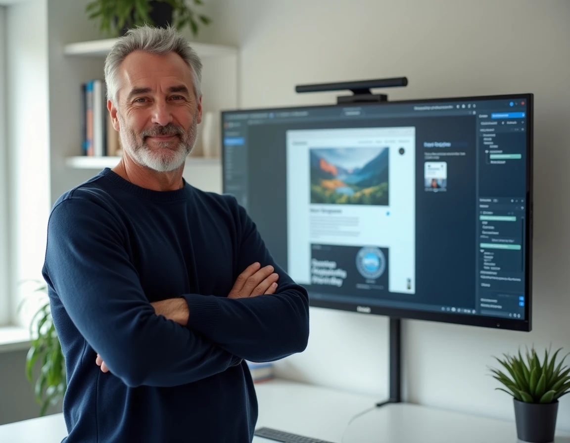 Un homme consultant l'interface d'une webapp responsive sur un grand écran mural dans un bureau épuré