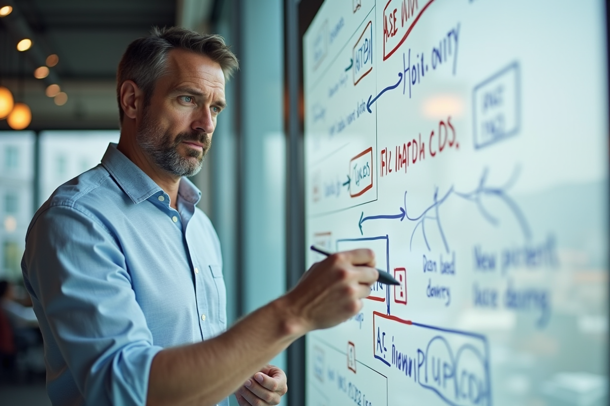 Homme expliquant des URLs sur un tableau blanc en coworking