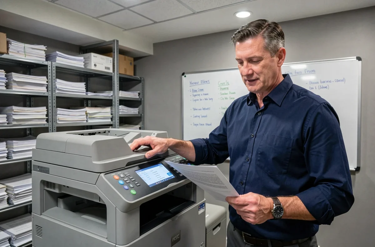 Homme en salle de reprographie utilisant un panneau tactile d'imprimante multifonction pour gagner du temps