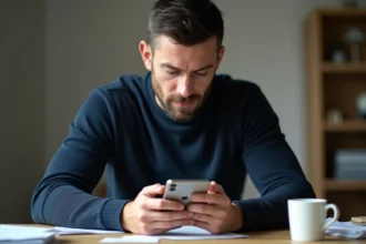 Homme inspectant un iPhone 12 Pro reconditionné grade A pour vérifier l'état de l'écran avant achat
