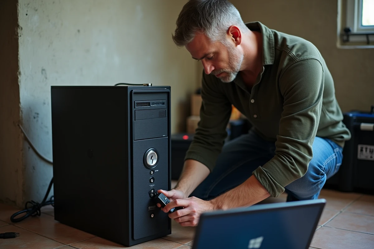 Homme installant Windows 7 depuis une clé USB sur un ancien ordinateur de bureau en atelier