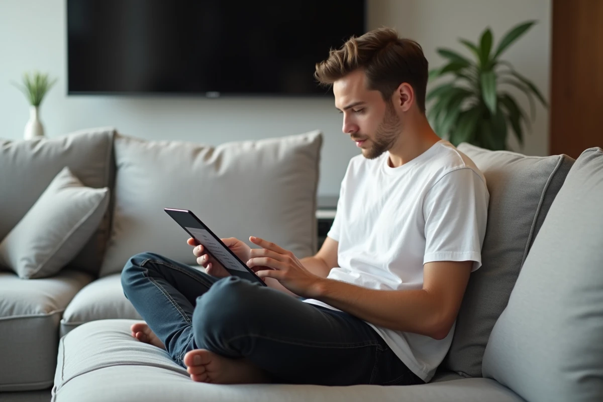 Jeune adulte consultant les paramètres de confidentialité et d'historique Google sur une tablette dans un salon