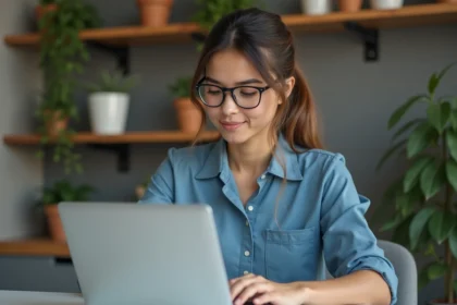 Jeune femme au bureau utilisant un ordinateur portable