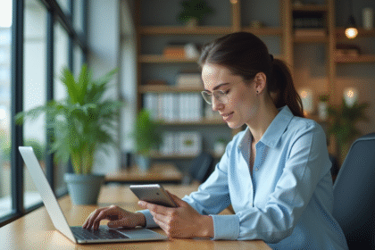 Jeune femme professionnelle tapant sur un ordinateur portable dans un bureau moderne