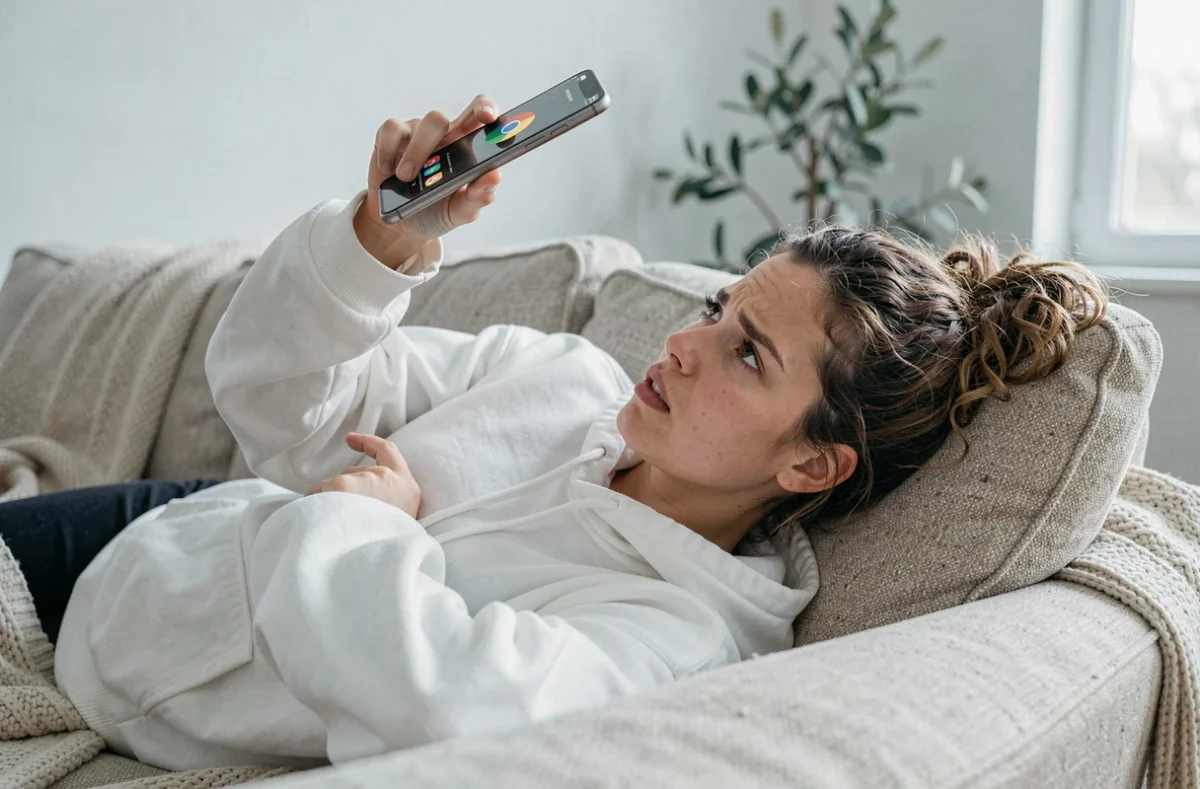 Jeune femme allongée sur un canapé cherchant le bouton actualiser sur Google Chrome mobile