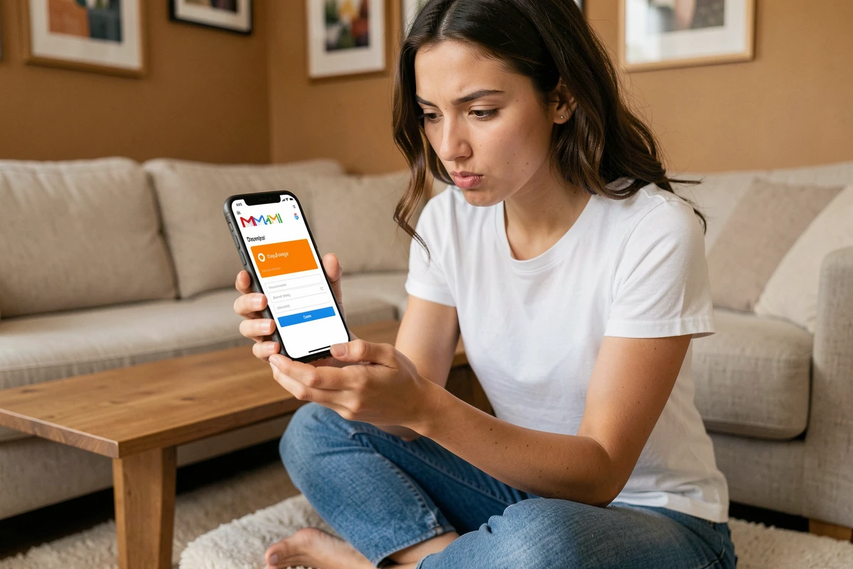 Jeune femme ajoutant une adresse mail Orange dans l'application Gmail sur smartphone
