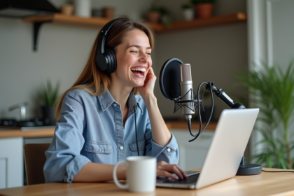 Jeune femme riant en podcast dans une cuisine moderne
