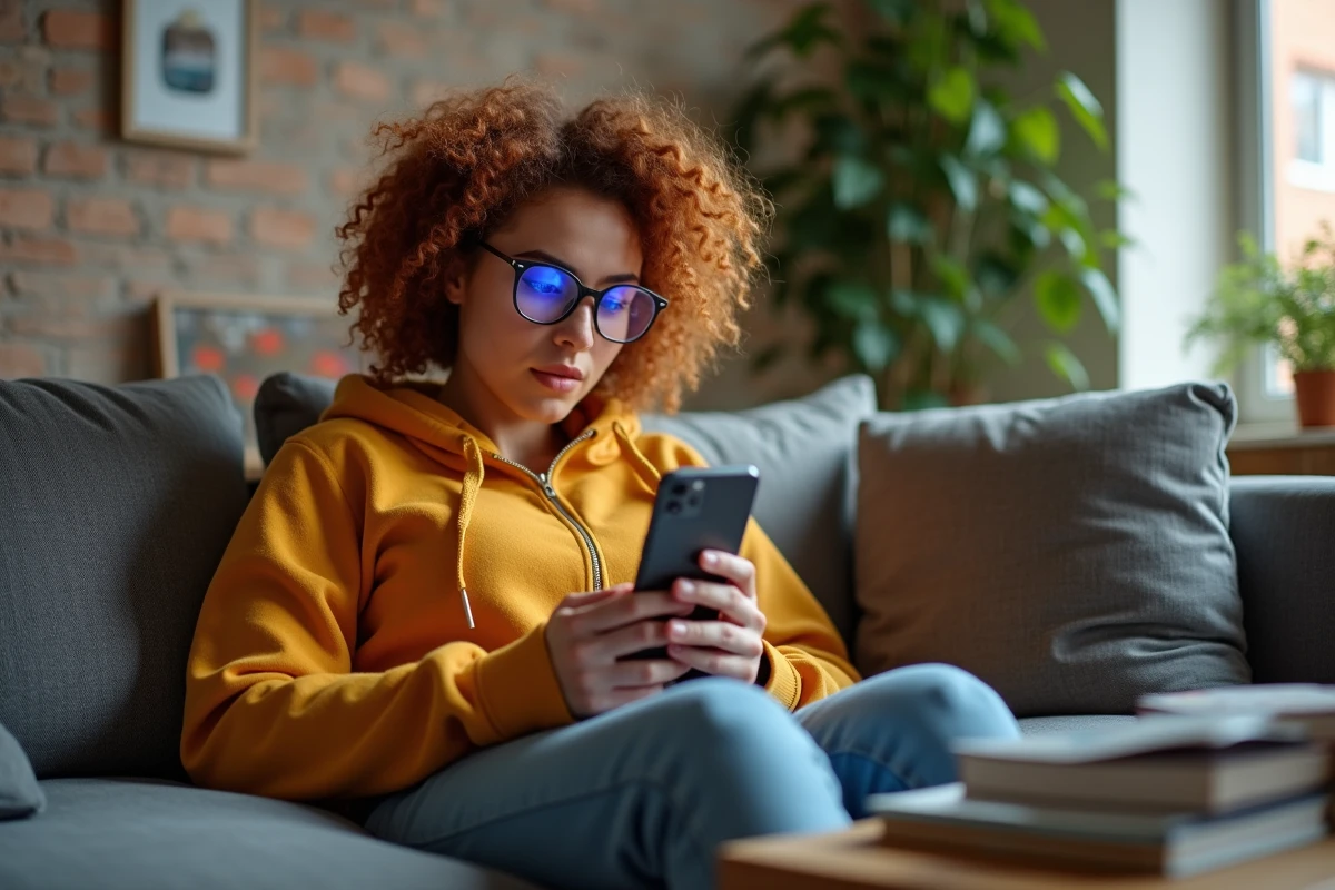 Jeune femme vérifiant les paramètres SafeSearch Google sur son smartphone dans un appartement cosy