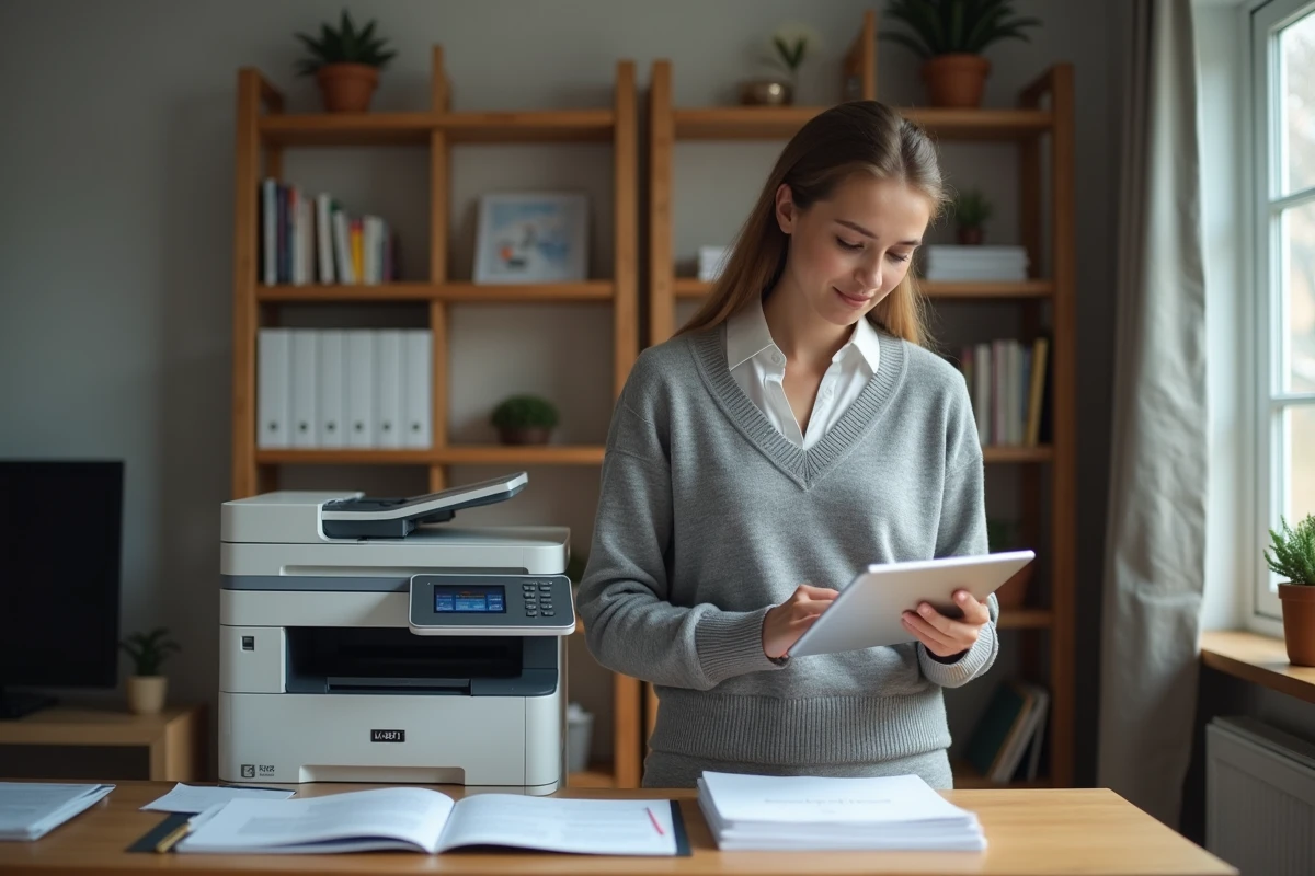 Jeune femme utilisant un scanner multifonction dans un bureau à domicile
