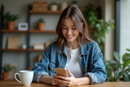 Jeune femme avec smartphone dans un appartement cosy