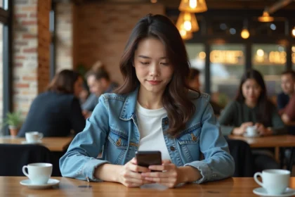 Jeune femme en denim utilisant son smartphone au café