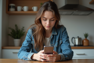 Jeune femme en denim examine son smartphone à la maison