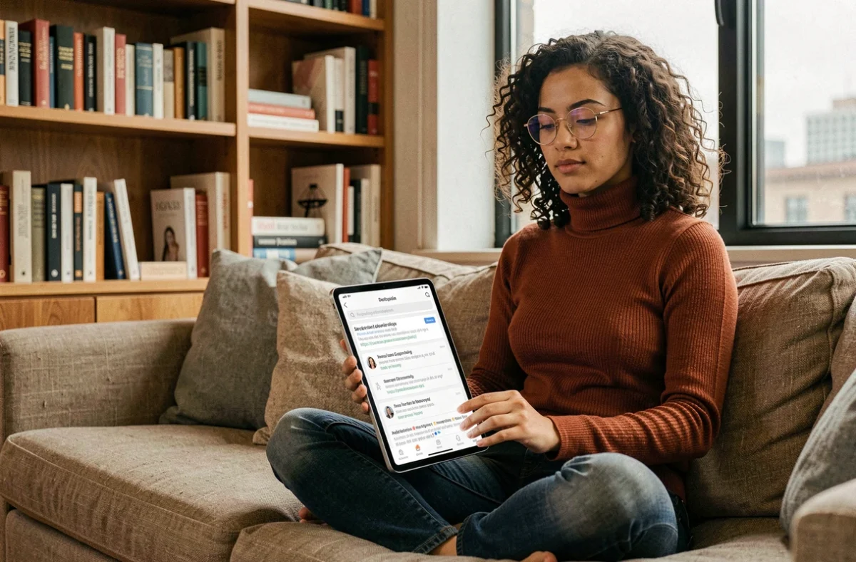 Jeune femme avec lunettes analysant des résultats SERP étranges sur une tablette dans un salon moderne