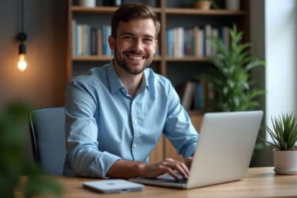 Jeune homme au bureau à domicile souriant et concentré
