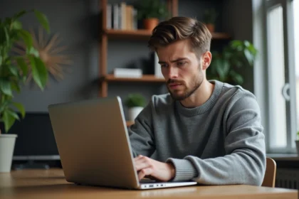 Jeune homme concentré regardant un lien suspect sur son ordinateur