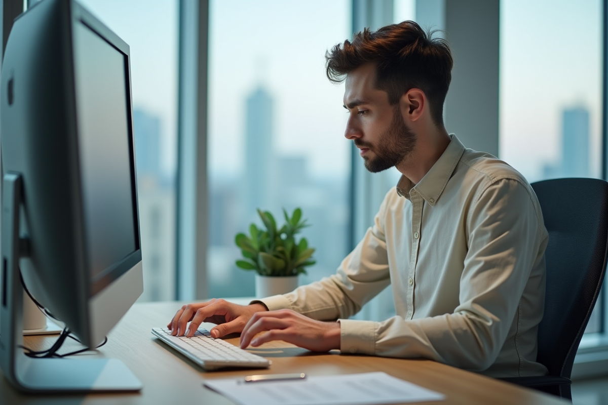 Jeune homme rédigeant une lettre dans un bureau moderne