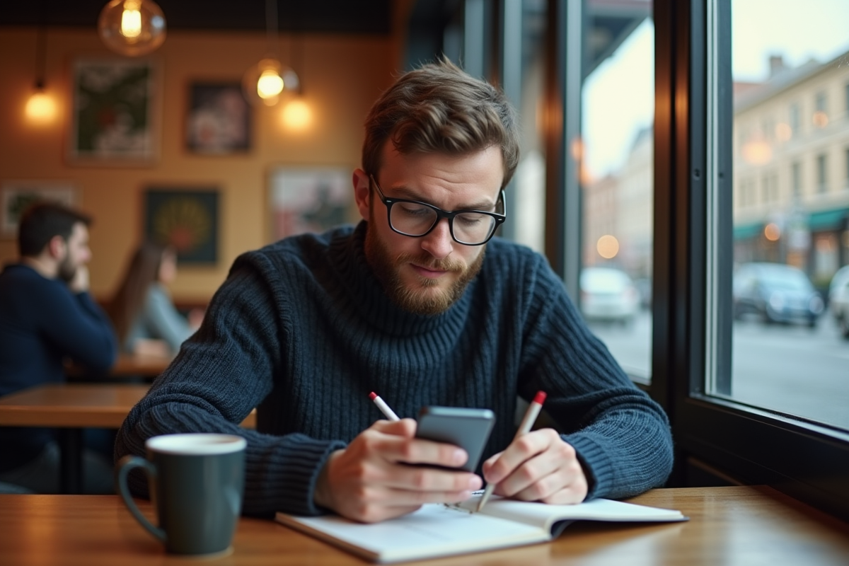 Jeune homme au café transcrivant audio sur smartphone