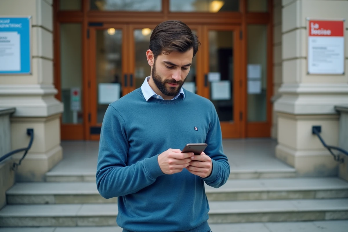 Jeune homme vérifiant des informations devant un bâtiment public