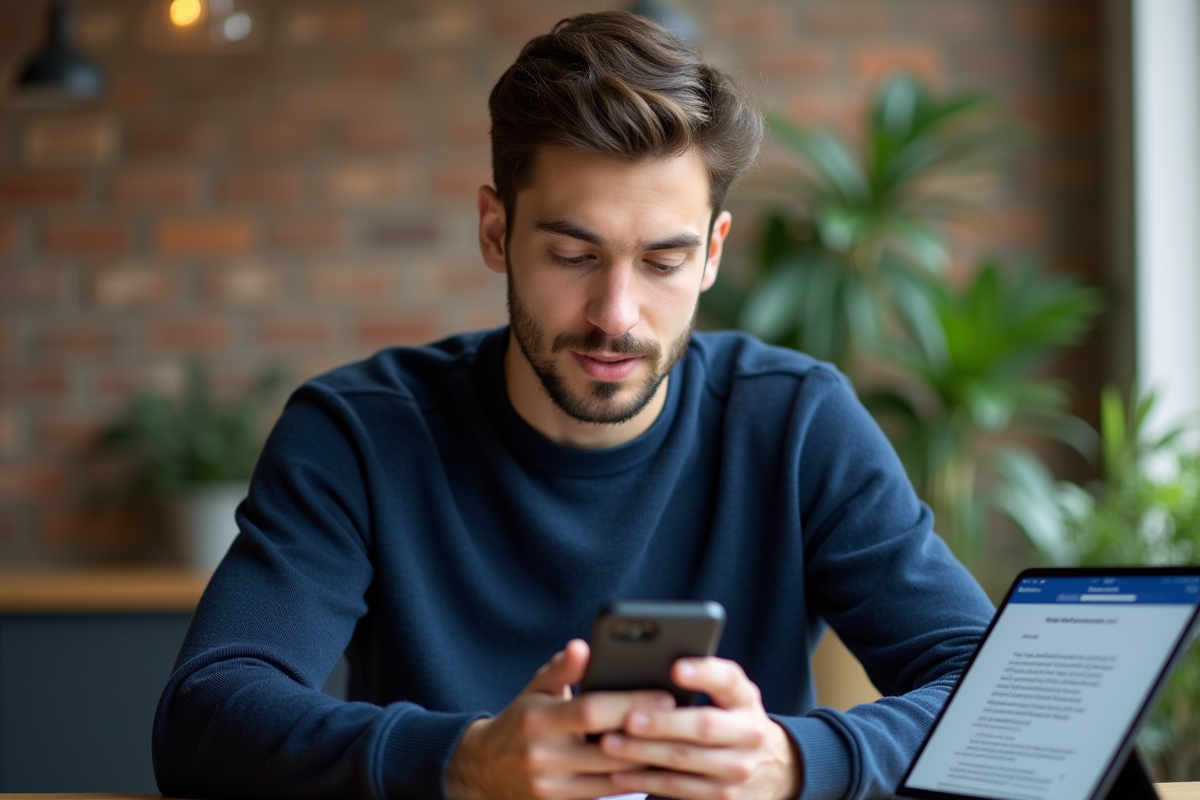 Jeune homme dictant des notes avec smartphone et tablette
